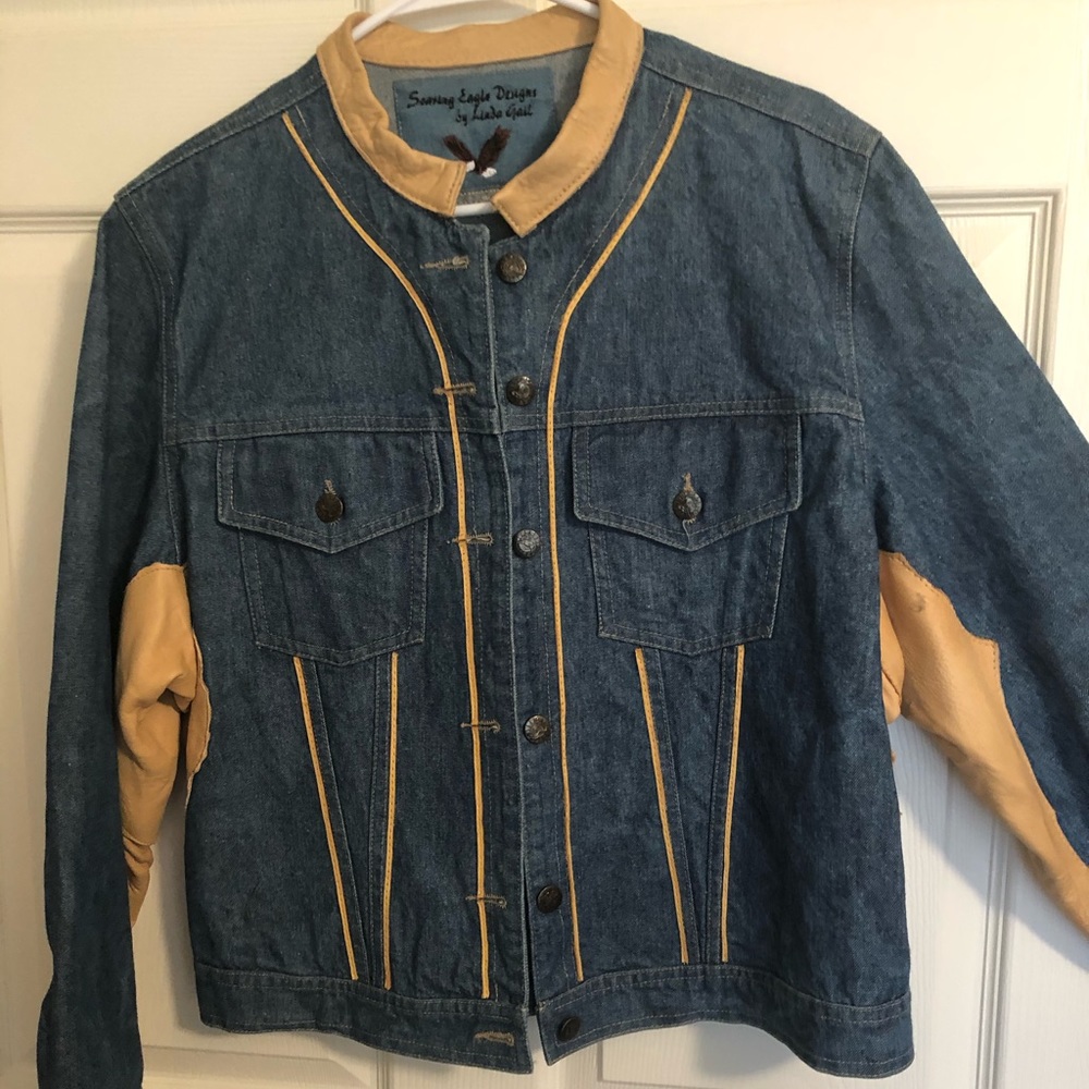 Denim jacket with leather trim